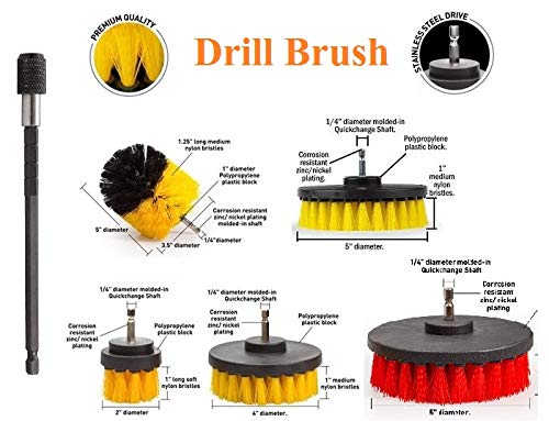 6 Piece Drill Brush Attachments Set With Extend Long Attachment All Purpose Clean For Grout, Tiles, Sinks, Bathtub, Bathroom, Kitchen.